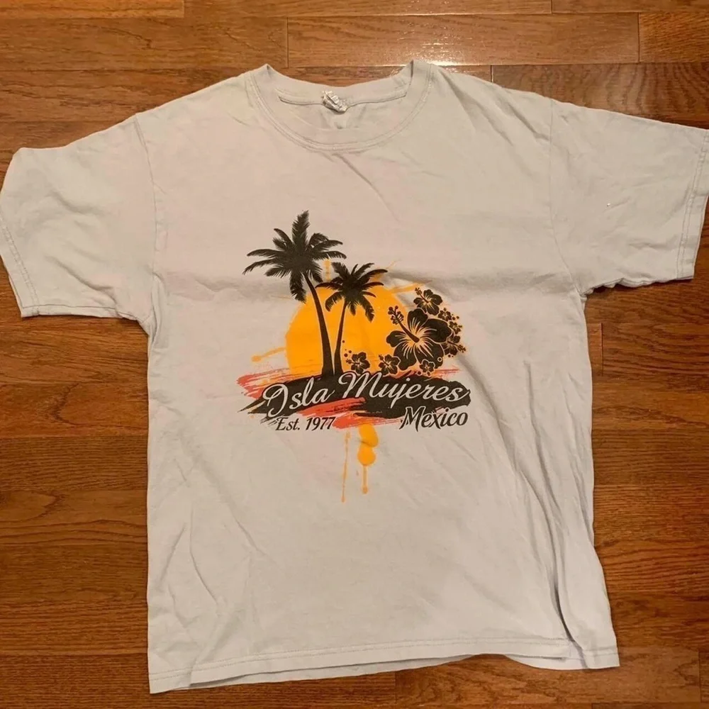 SOUVENIR MEXICO SHIRT LIGHT GRAY BEIGE PALM TREE VACATION SUMMER